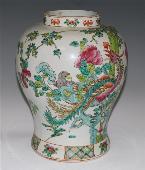 An 18th century Chinese baluster vase, 35cms, (neck restored)